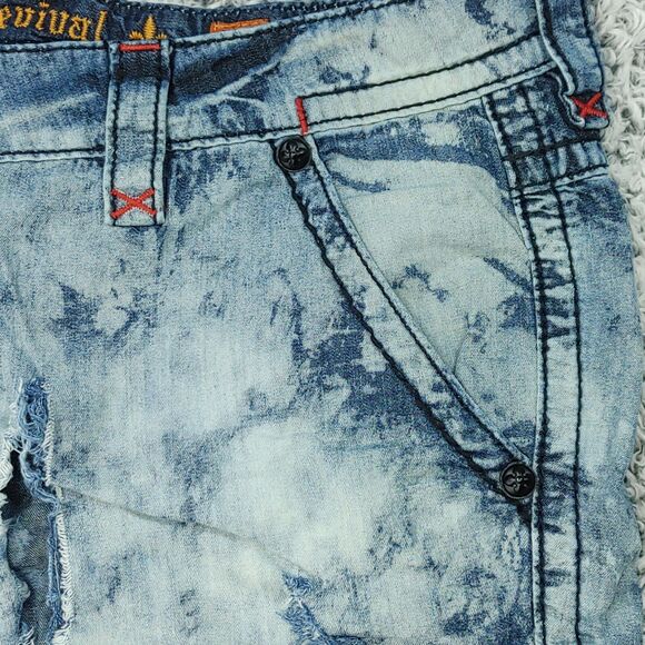 Heavily TRASHED Rock Revival Shorts Men’s 42 Tie Dye Acid Wash Light Denim READ - Picture 12 of 16